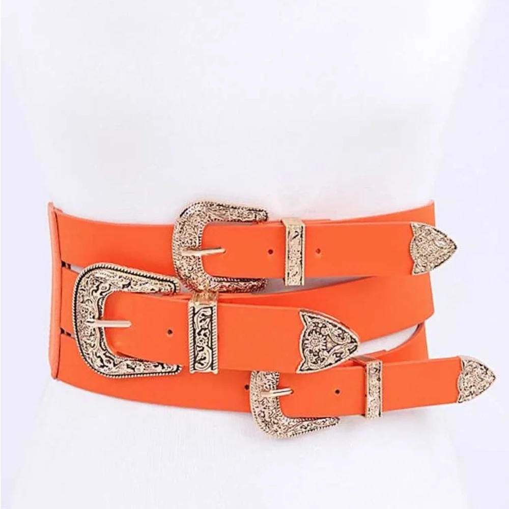 Western Triple Buckle Vegan Leather Elastic Statement Belt